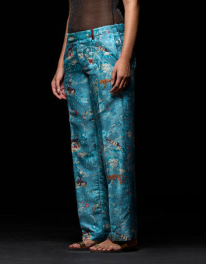 Straight Fit Trouser Silk Damask Blue
