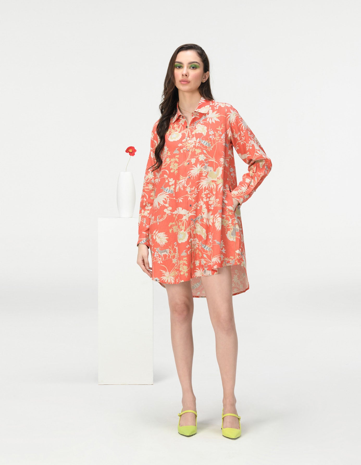 Oversized Shirt Cotton Silk Check Coral
