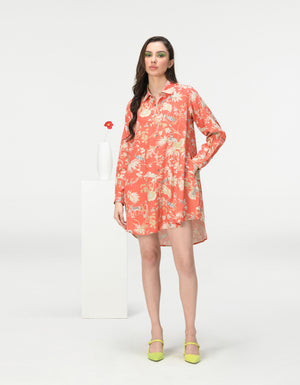 Oversized Shirt Cotton Silk Check Coral