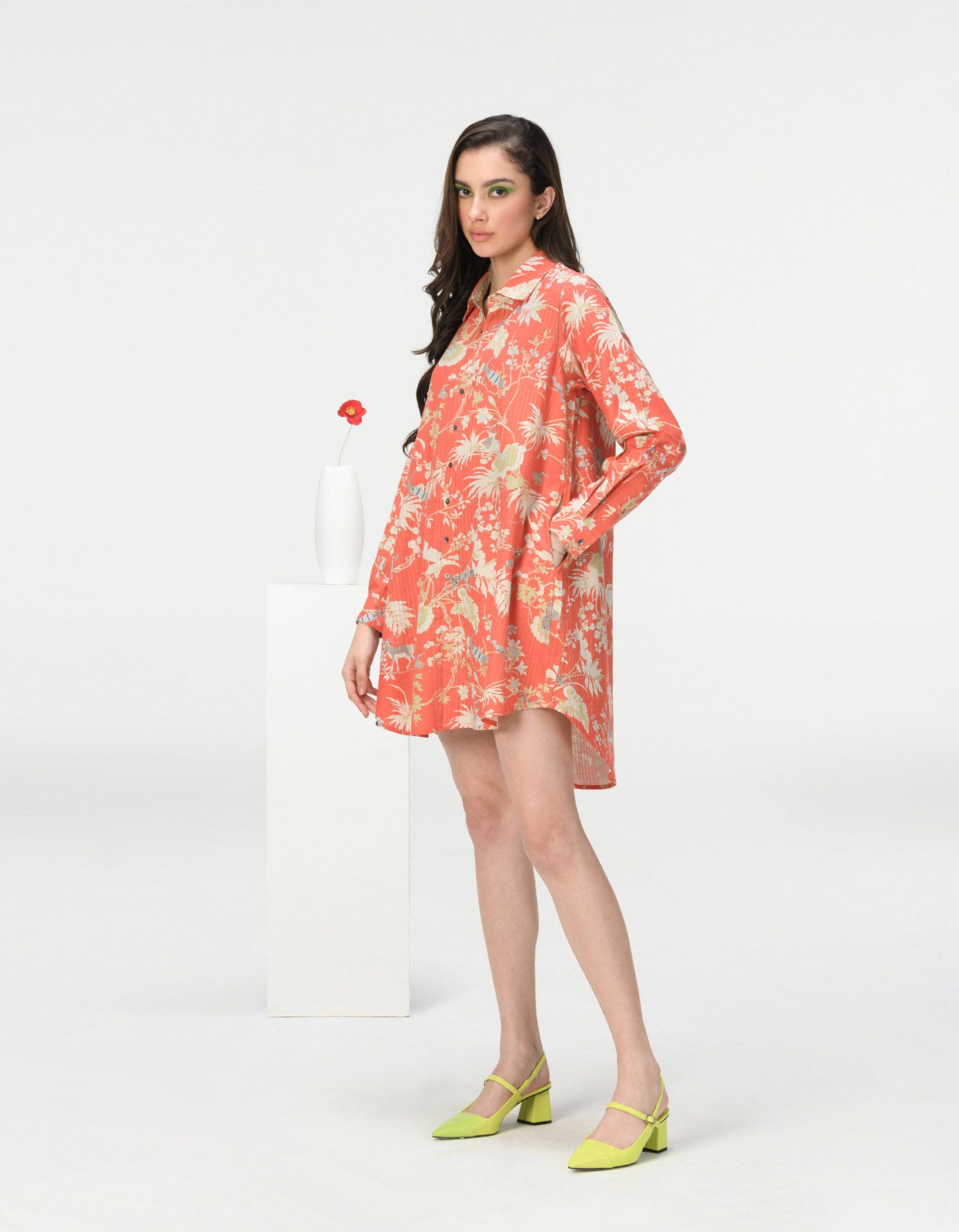 Oversized Shirt Cotton Silk Check Coral