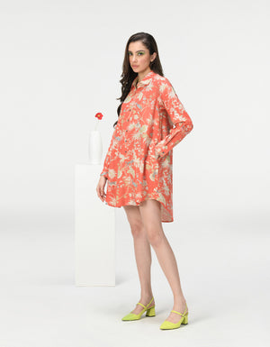Oversized Shirt Cotton Silk Check Coral