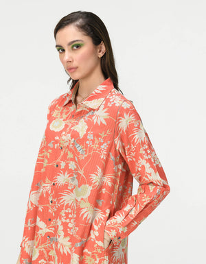 Oversized Shirt Cotton Silk Check Coral