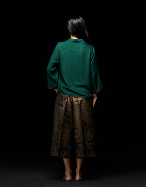 Cuban Ribbed Shirt Cotton Silk Twill  Emerald Green