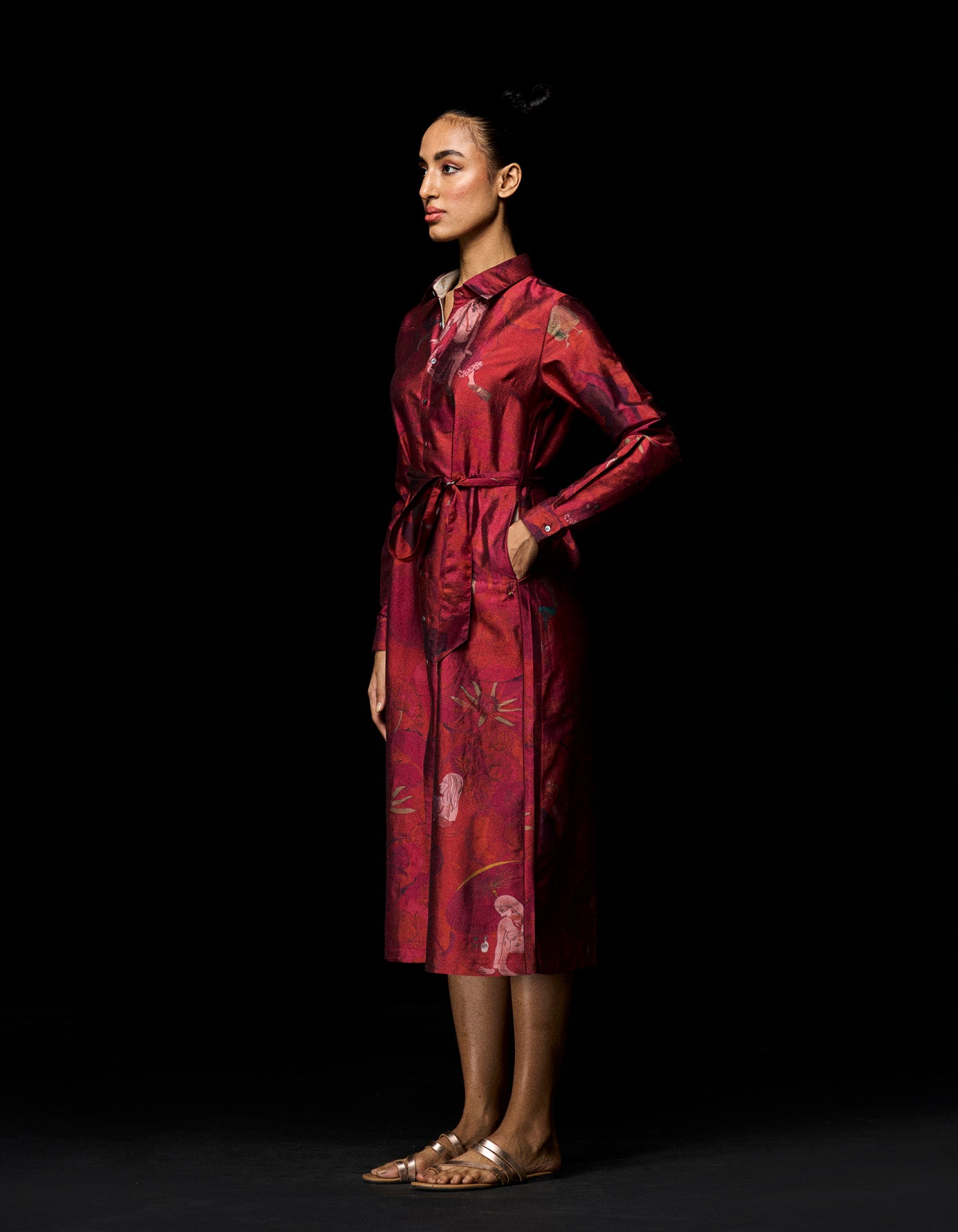 Tie Belt Shirt Dress Silk Dupion Red