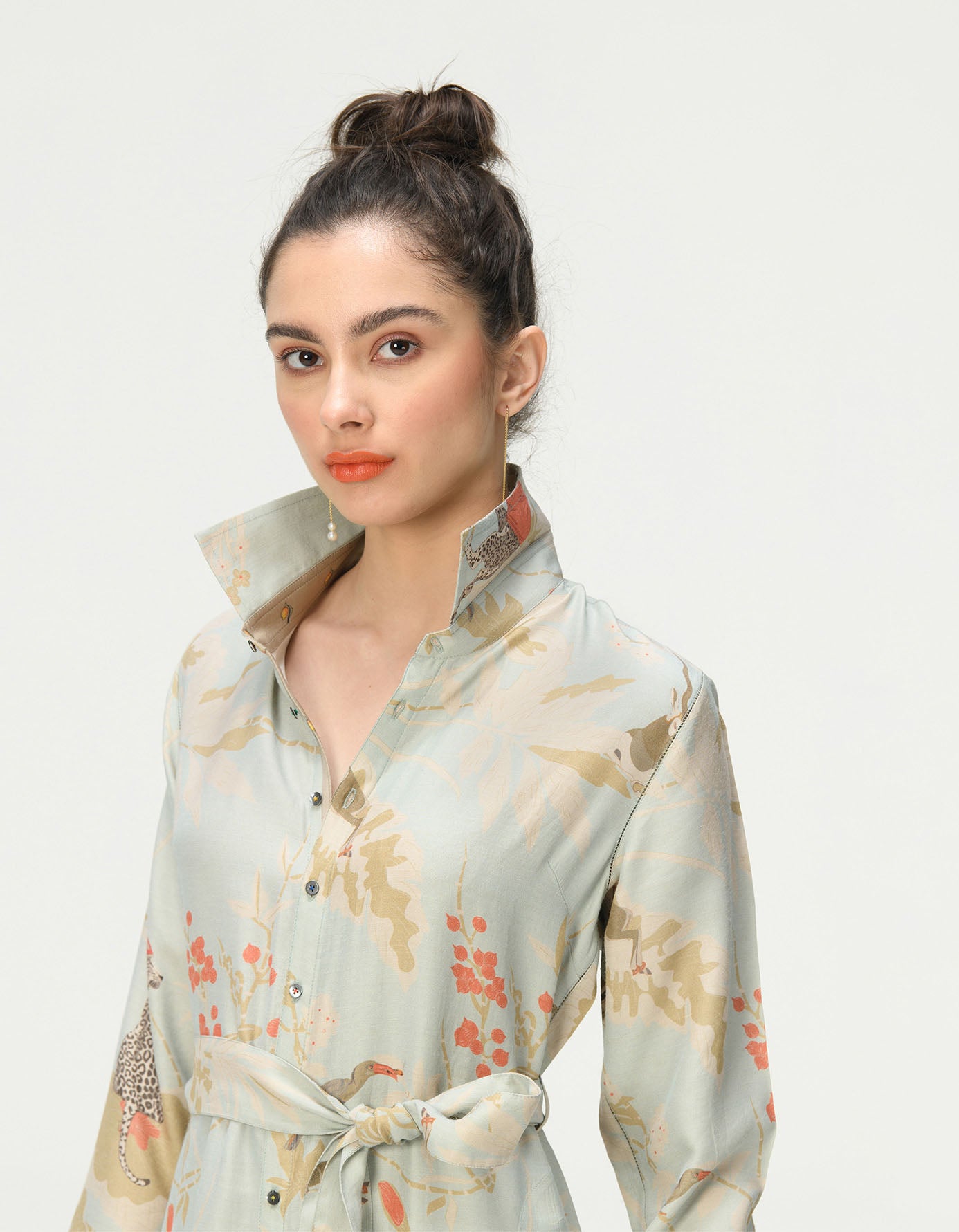 Tie Belt Shirt Dress Muga Satin Ice Blue