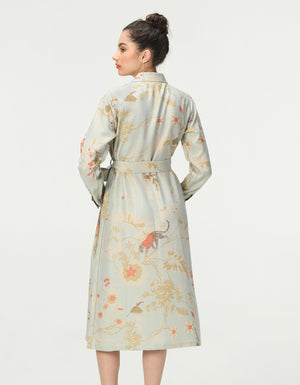 Tie Belt Shirt Dress Muga Satin Ice Blue